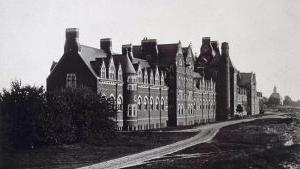 Long Walk, Trinity College (Hartford, CT): (L-R) Jarvis Hall, Northam Towers, Seabury Hall overall exterior West side from southwest